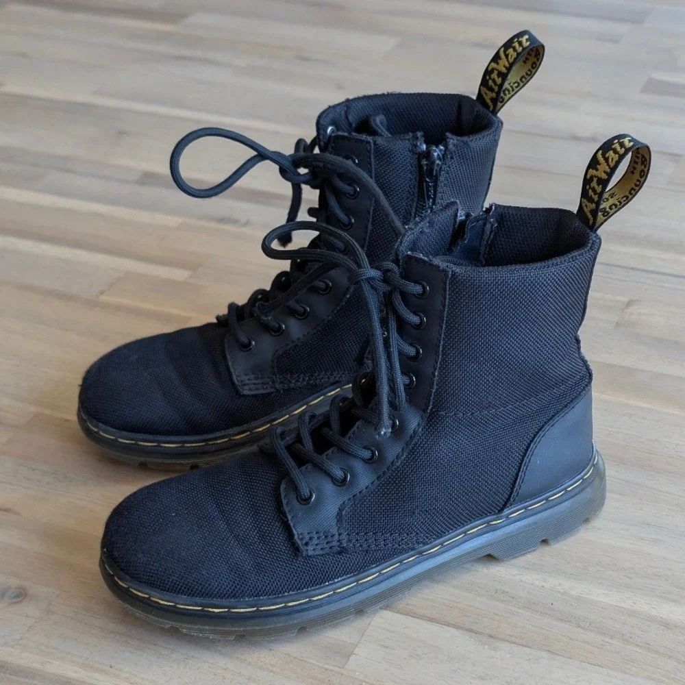 Dr. Martens Combs Tech Black Canvas Utility Boots Tie, Side Zip Kids Size 2